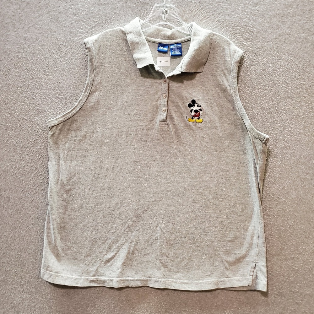 Disney Women Top 2X Gray Polo Tank‎ Mickey Mouse Embroidered Sleeveless Collar